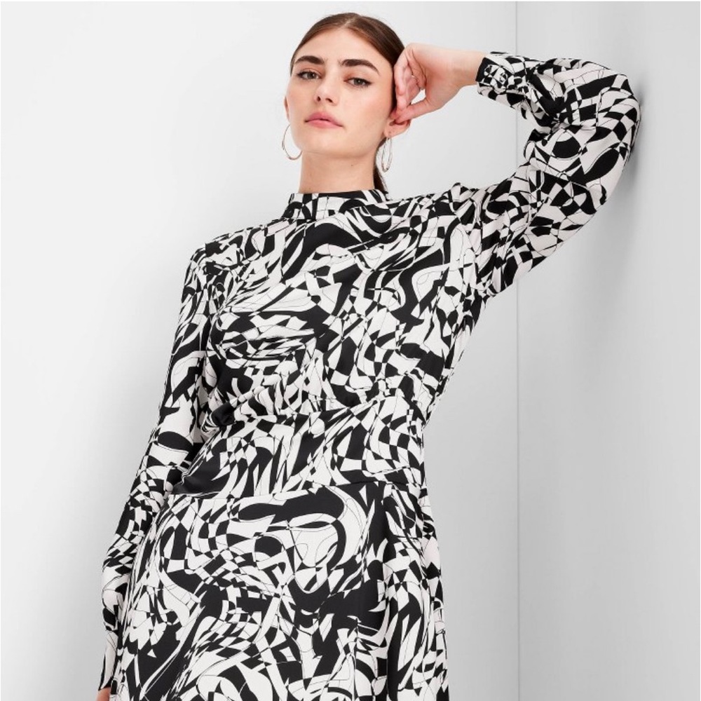 Women's Long Sleeve Mock Neck Asymmetrical A-Line Dress- Future Collective M